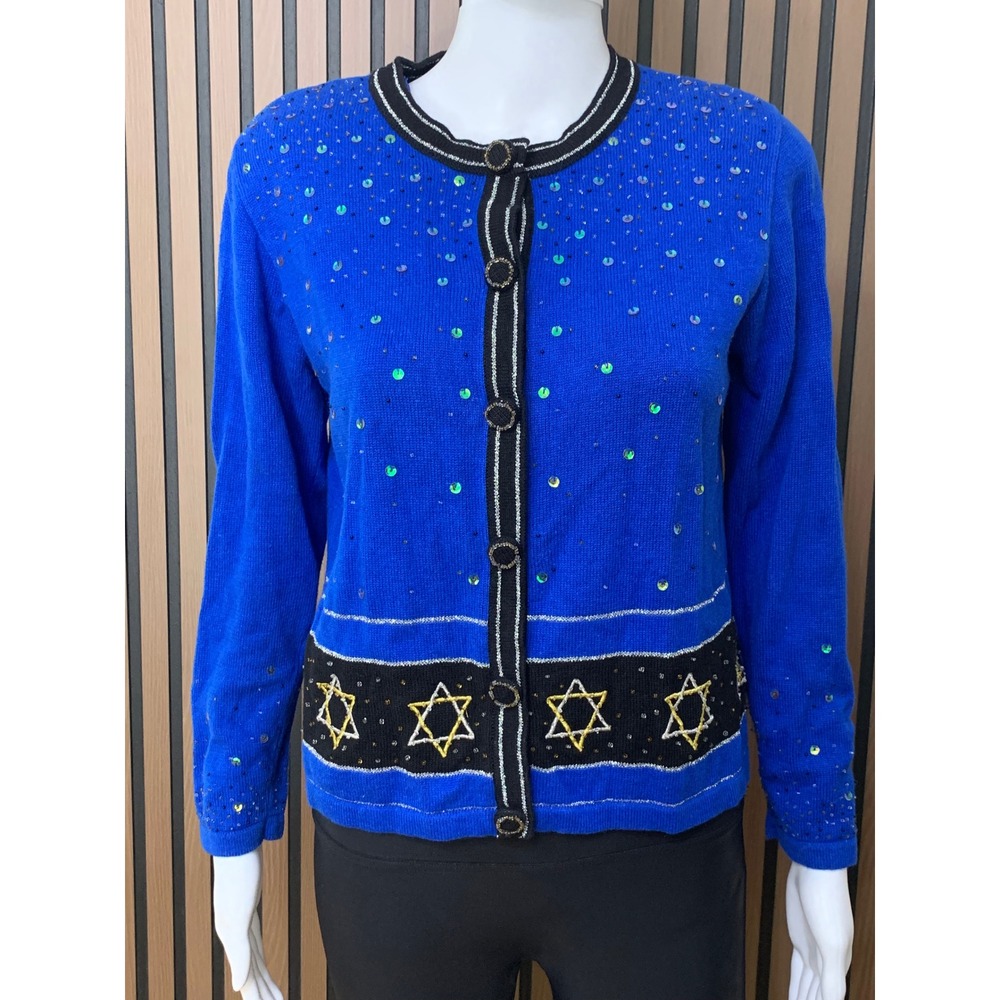 Jack B. Quick Hanukkah Cardigan Sweater Blue Star of David Sequin Beaded Small